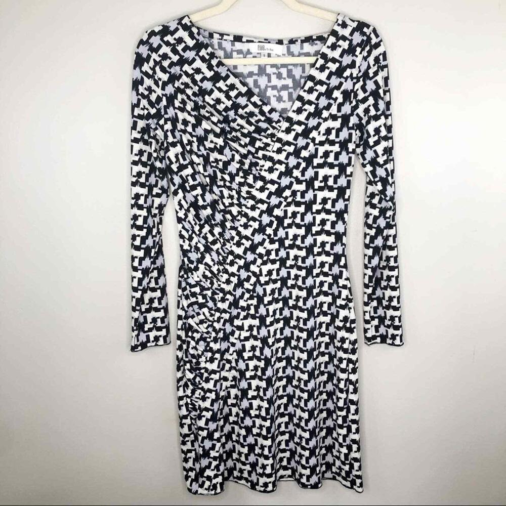 MY TRIBE | ong Sleeve Dress Asymmetric Ruched S Stretch Black White Gray